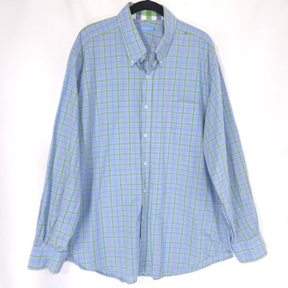 J.McLAUGHLIN Men’s XL Classic Plaid Button Down Shirt Blue Green 100% Cotton